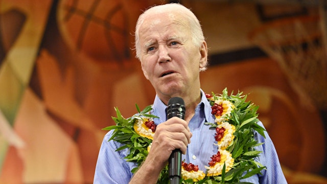 US President Joe Biden speaks during a community engagement event at the Lahaina Civic Center in Lahaina, Hawaii on August 21, 2023.