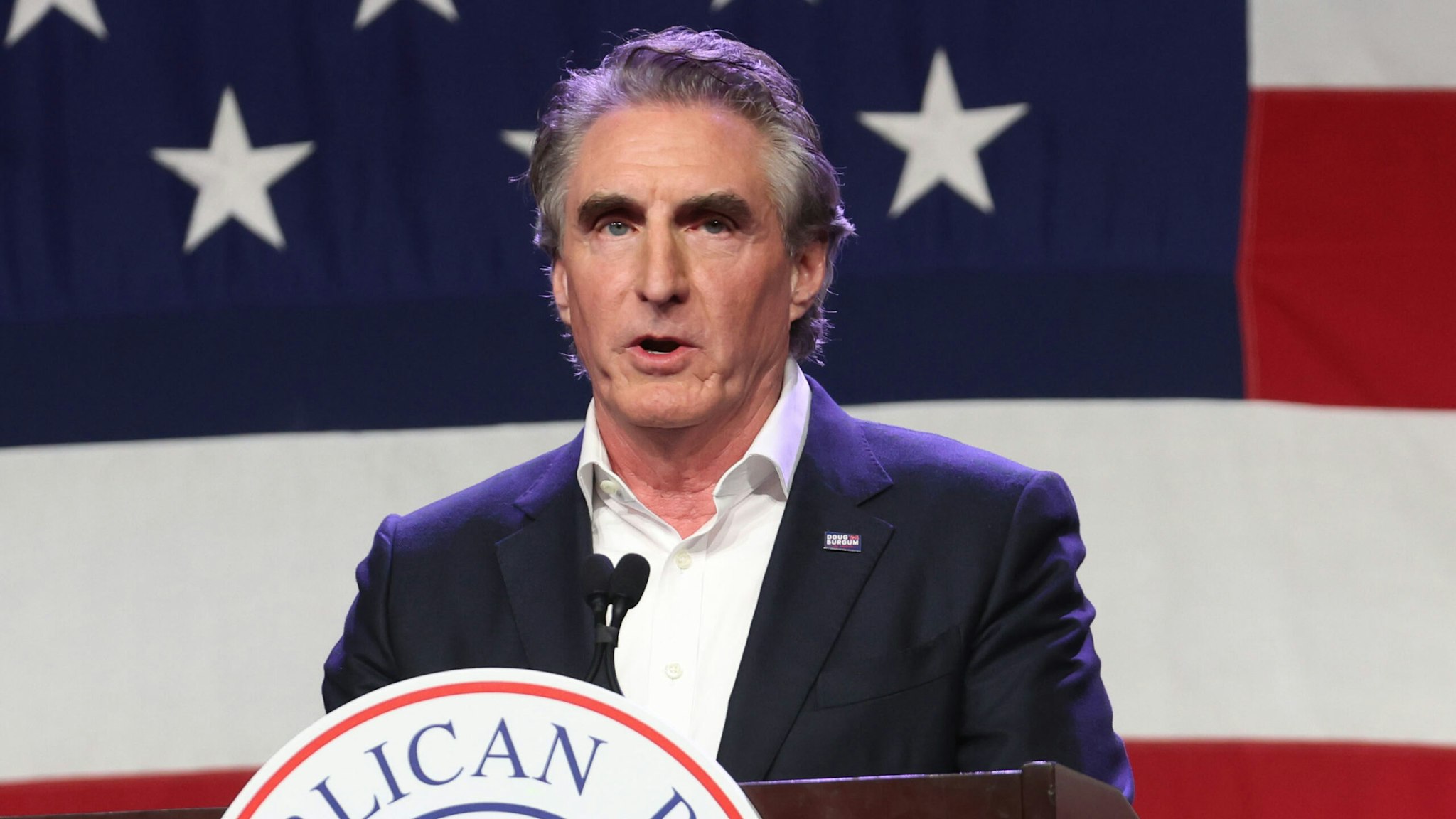 DES MOINES, IOWA - JULY 28: Republican presidential candidate North Dakota Governor Doug Burgum speaks to guests at the Republican Party of Iowa 2023 Lincoln Dinner on July 28, 2023 in Des Moines, Iowa. Thirteen Republican presidential candidates were scheduled to speak at the event.