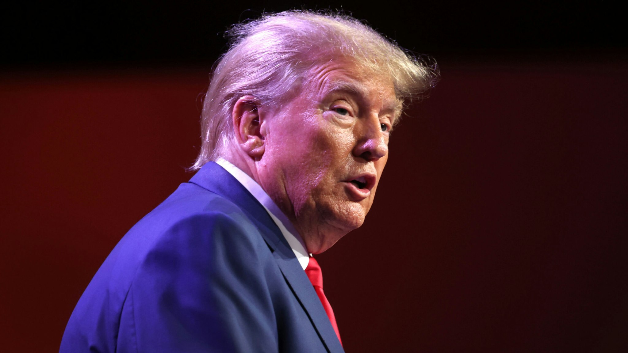 DES MOINES, IOWA - JULY 28: Republican presidential candidate former President Donald Trump speaks to guests at the Republican Party of Iowa 2023 Lincoln Dinner on July 28, 2023 in Des Moines, Iowa. Thirteen Republican presidential candidates were scheduled to speak at the event.