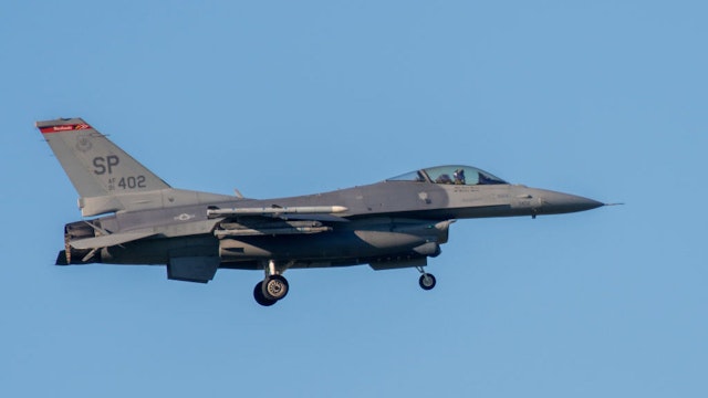 07 February 2023, Rhineland-Palatinate, Spangdahlem: An F-16 Fighting Falcon fighter aircraft extended its landing gear to land at the U.S. military airfield at Spangdahlem. Photo: Harald Tittel/dpa (Photo by Harald Tittel/picture alliance via Getty Images)