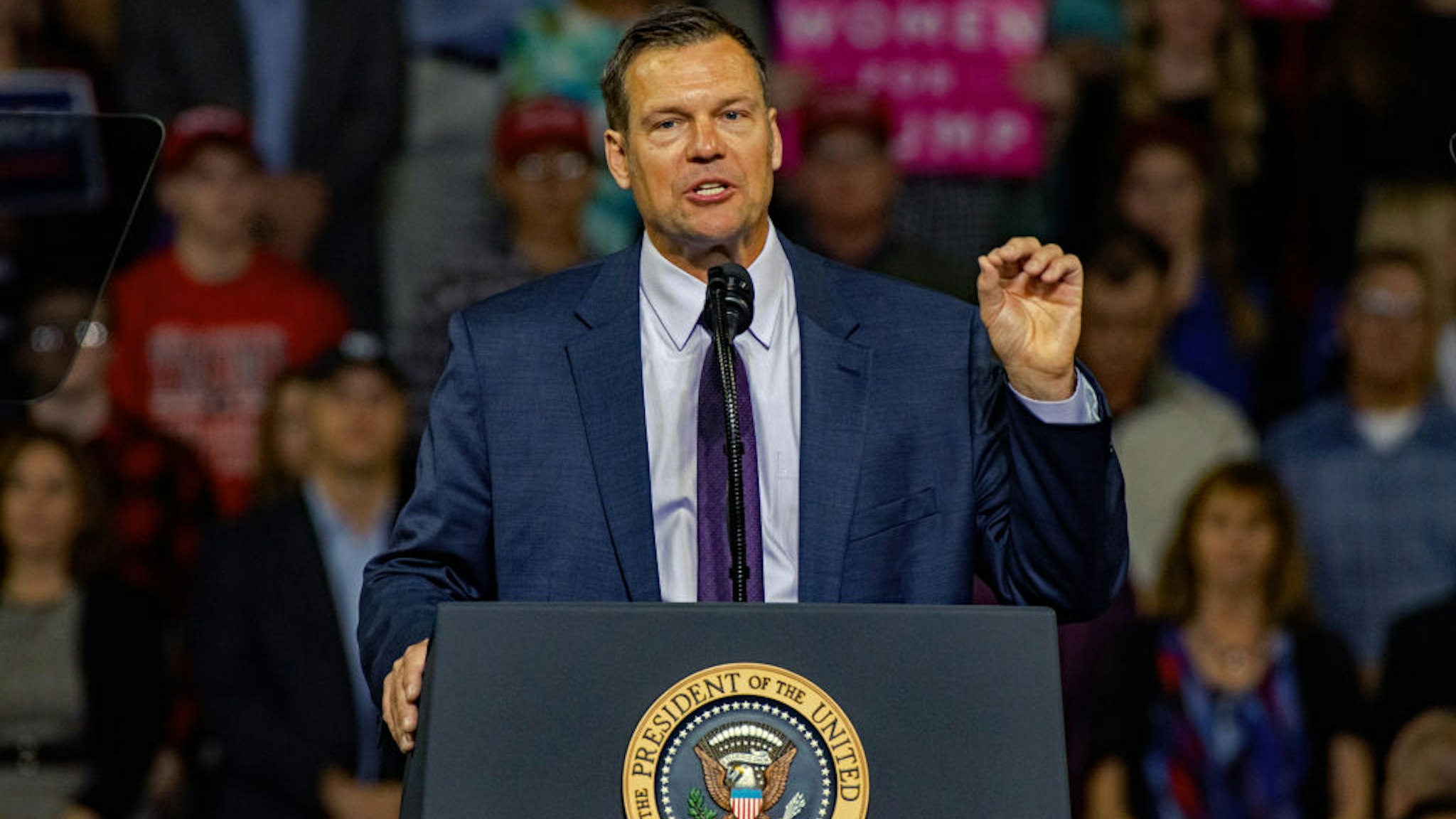 Kansas Secretary of State and current Republican candidate for Kansas governor Kris Kobach addresses President Trump’s MAGA rally held in Landon Arena in Topeka, Kansas, October 6, 2018.
