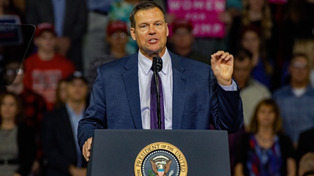 Kansas Secretary of State and current Republican candidate for Kansas governor Kris Kobach addresses President Trump’s MAGA rally held in Landon Arena in Topeka, Kansas, October 6, 2018.
