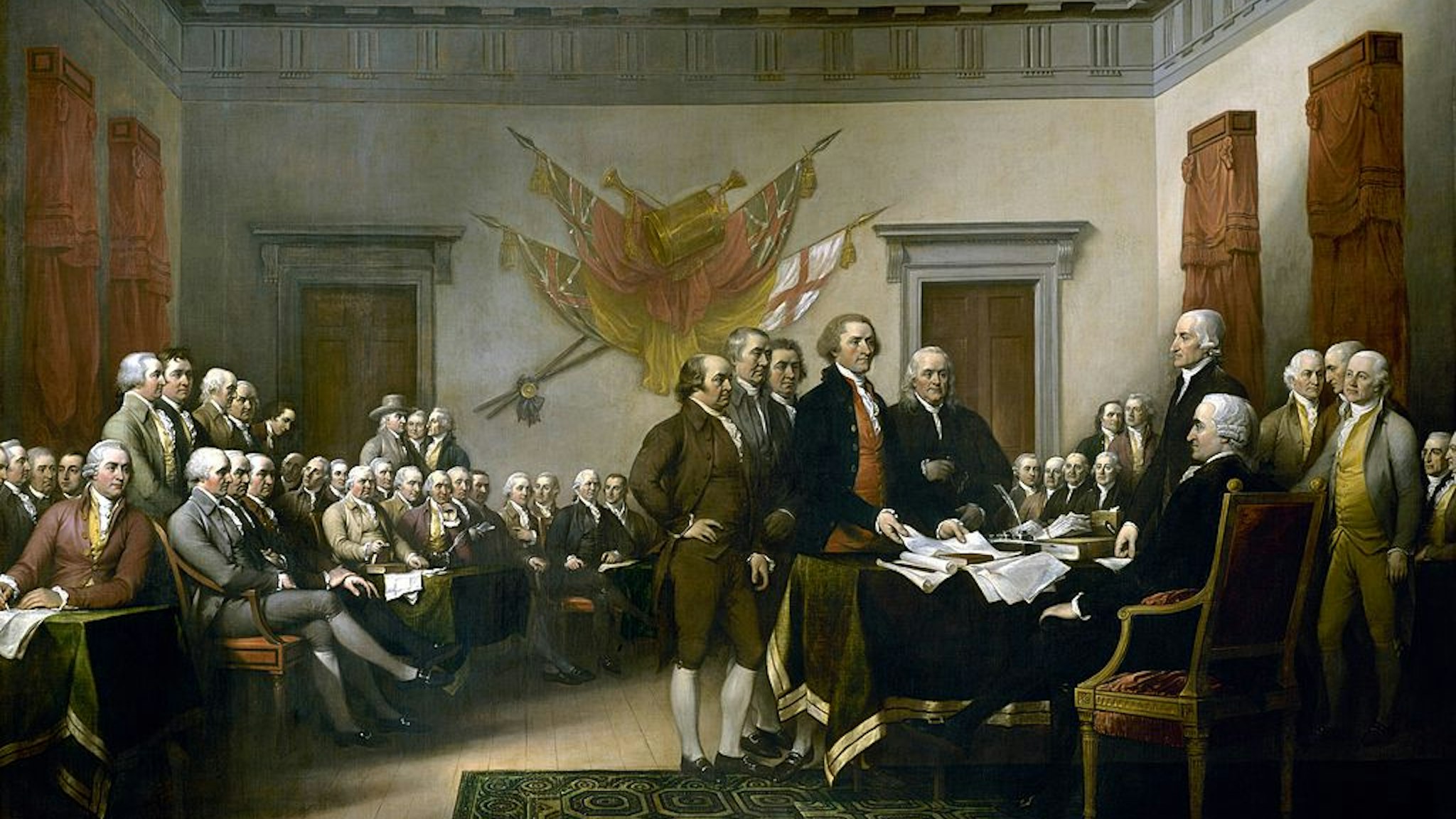 UNSPECIFIED - CIRCA 1754: John Trumbull's painting, Declaration of Independence, depicting the five-man drafting committee of the Declaration of Independence presenting their work to the Congress. The painting can be found on the back of the U.S. $2 bill. The original hangs in the US Capitol rotunda.