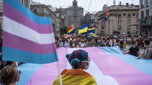 KIEV, UKRAINE - JUNE 23: Transgender activists participate in the Kyiv Pride march, estimated to be the city's largest ever, on June 23, 2019 in Kiev, Ukraine. The parade has been marked by anti-LGBT violence in past years, but a heavy police presence has been generally effective at discouraging direct attacks on parade participants.