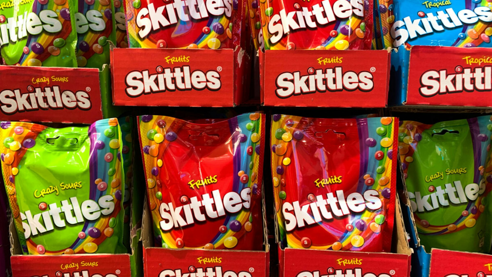 Skittles candies are seen in the shop in Milan, Italy on October 6, 2021.