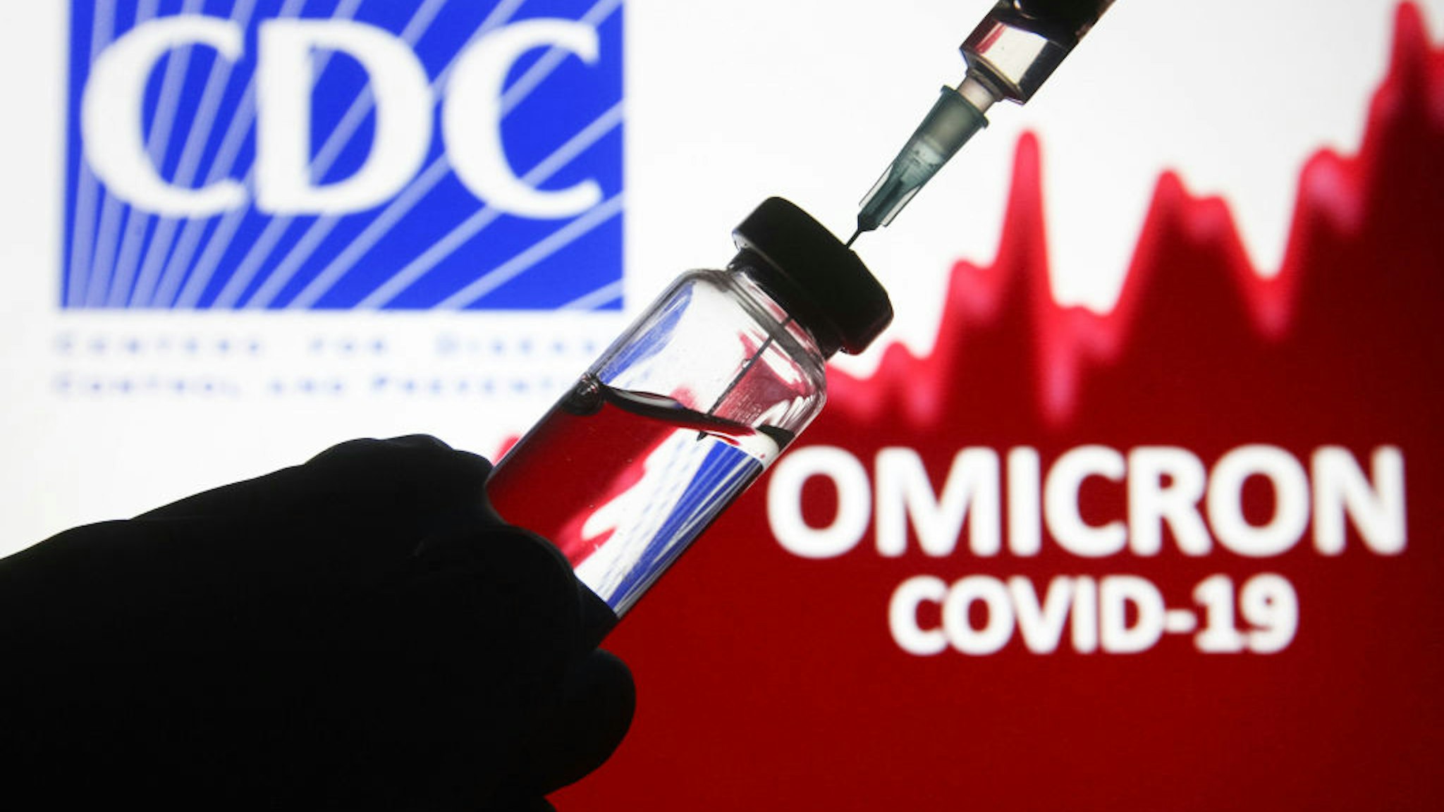UKRAINE - 2021/12/05: In this photo illustration, a hand extracting a dose of vaccine from a vial is seen in front of the words Omicron covid-19 with a logo of CDC in the background. Omicron (B.1.1.529), a new SARS-CoV-2 variant of concern continues to spread worldwide. (Photo Illustration by Pavlo Gonchar/SOPA Images/LightRocket via Getty Images)