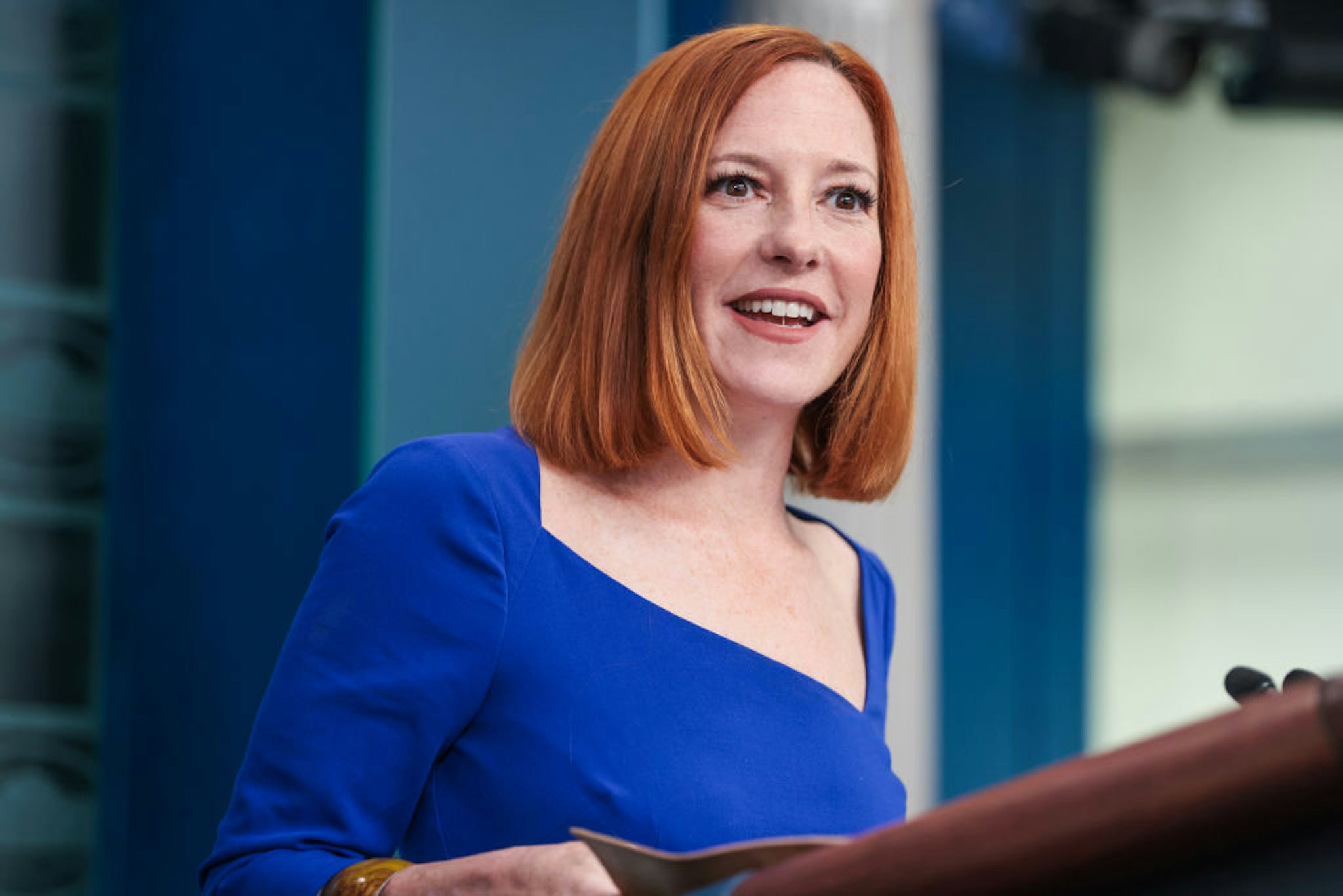 Jen Psaki, White House press secretary, during a news conference in the James S. Brady Press Briefing Room at the White House in Washington, D.C., U.S., on Friday, May 13, 2022. President Biden today is meeting with local elected officials and chiefs of police from cities that have benefited from using American Rescue Plan, according to the White House. Photographer: Oliver Contreras/Sipa/Bloomberg via Getty Images