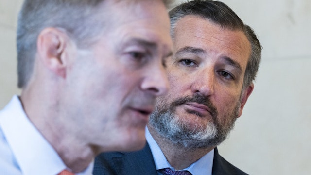Rep. Jim Jordan, R-Ohio, left, and Sen. Ted Cruz, R-Texas, conduct a news conference on the worsening crisis at the U.S.-Mexico border as a result of the Biden administrations continued failed policies, in Russell Building on Wednesday, June 22, 2022.