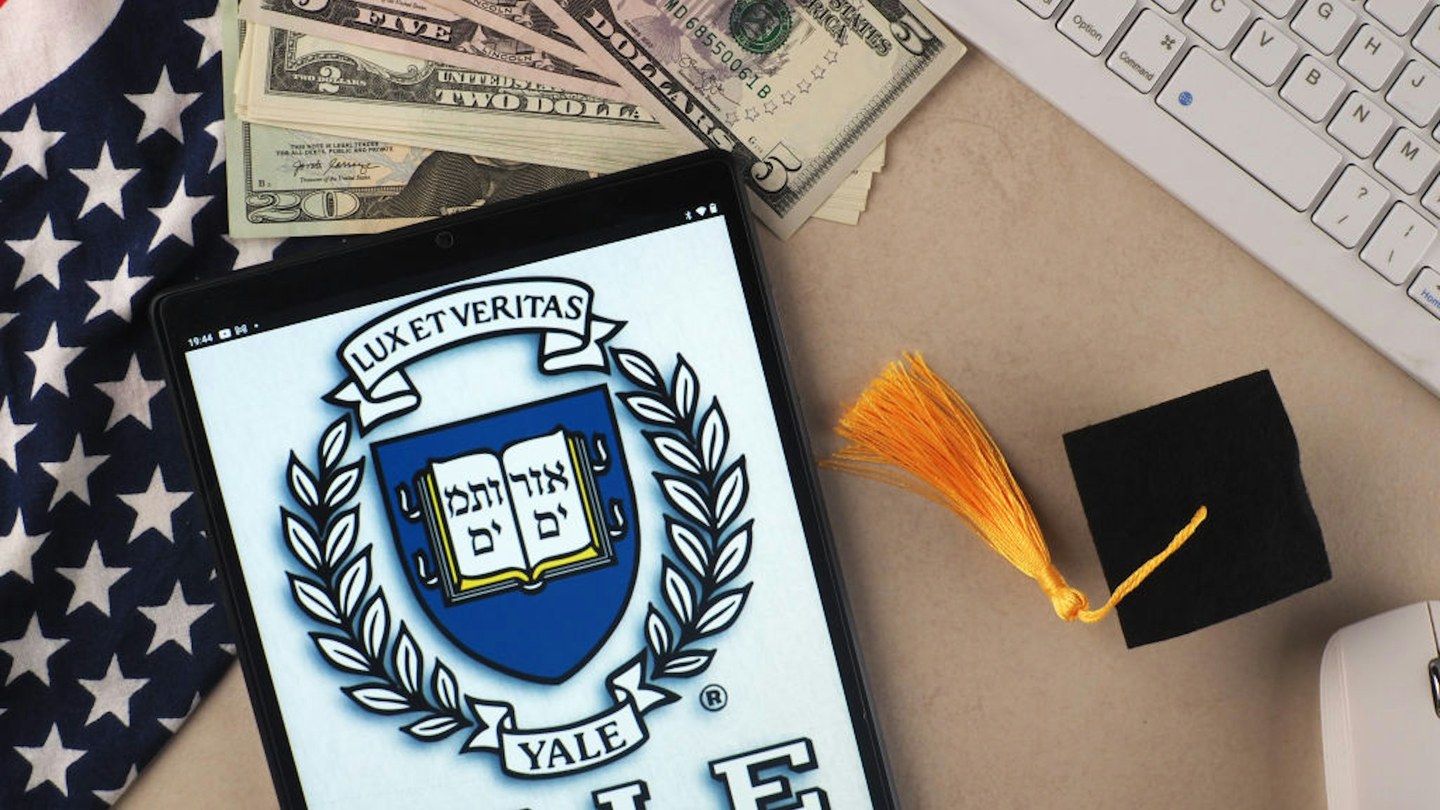 GERMANY - 2023/02/26: In this photo illustration, Yale University logo seen displayed on a tablet. (Photo Illustration by Igor Golovniov/SOPA Images/LightRocket via Getty Images)