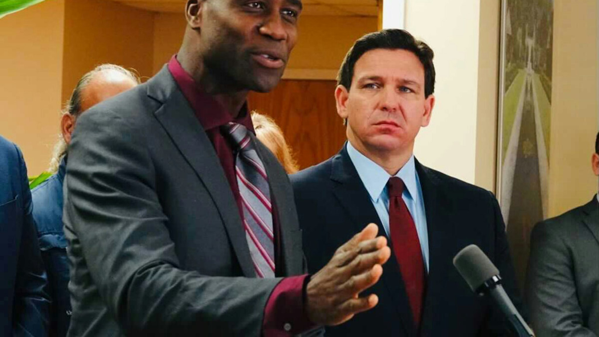 Florida Surgeon General Joseph Ladapo and Gov. Ron DeSantis at a news conference in West Palm Beach, Florida on Thursday, Jan. 6, 2022.