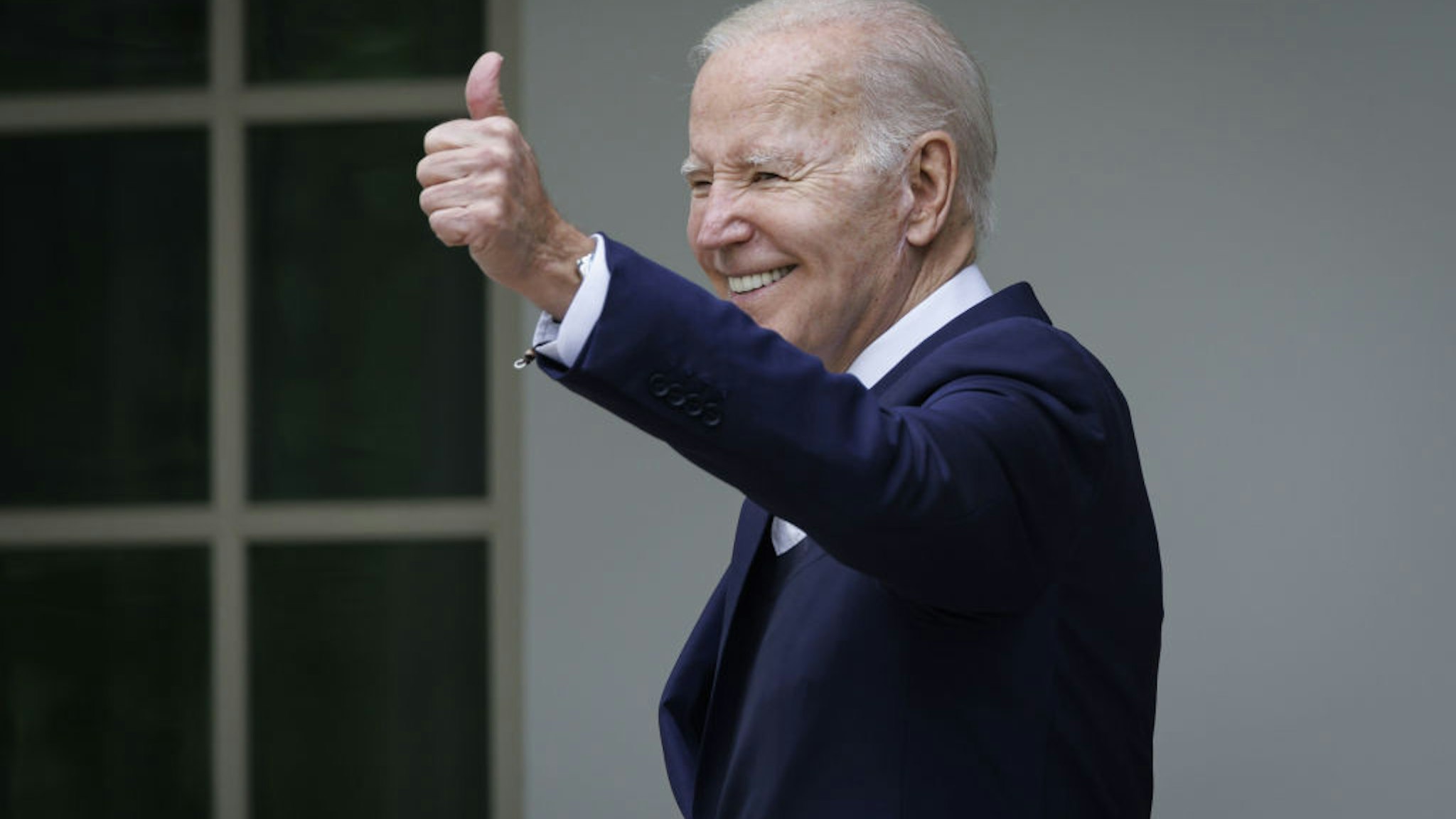 US President Joe Biden, waves back to the crowd during a National Small Business Week event in the Rose Garden of the White House in Washington, DC, US, on Monday, May 1, 2023. The White House said Biden administration investments in America has led to 10.5 million applications to start small businesses in 2021 and 2022. Photographer: Ting Shen/Bloomberg via Getty Images