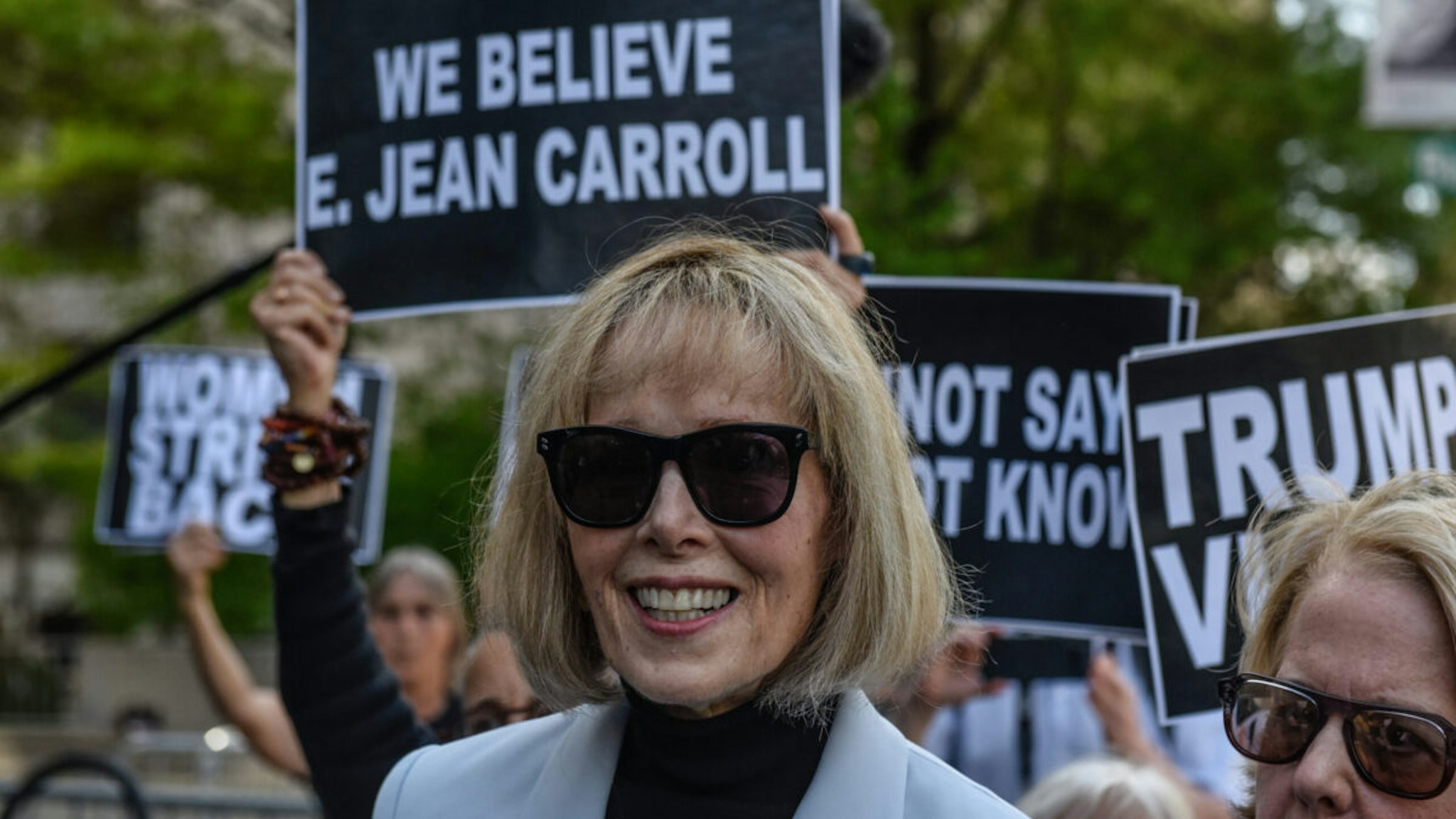E. Jean Carroll leaves following her trial at Manhattan Federal Court on May 8, 2023 in New York City. Attorneys for E. Jean Carroll and Donald Trump gave closing arguments in the battery and defamation trial against the former president.