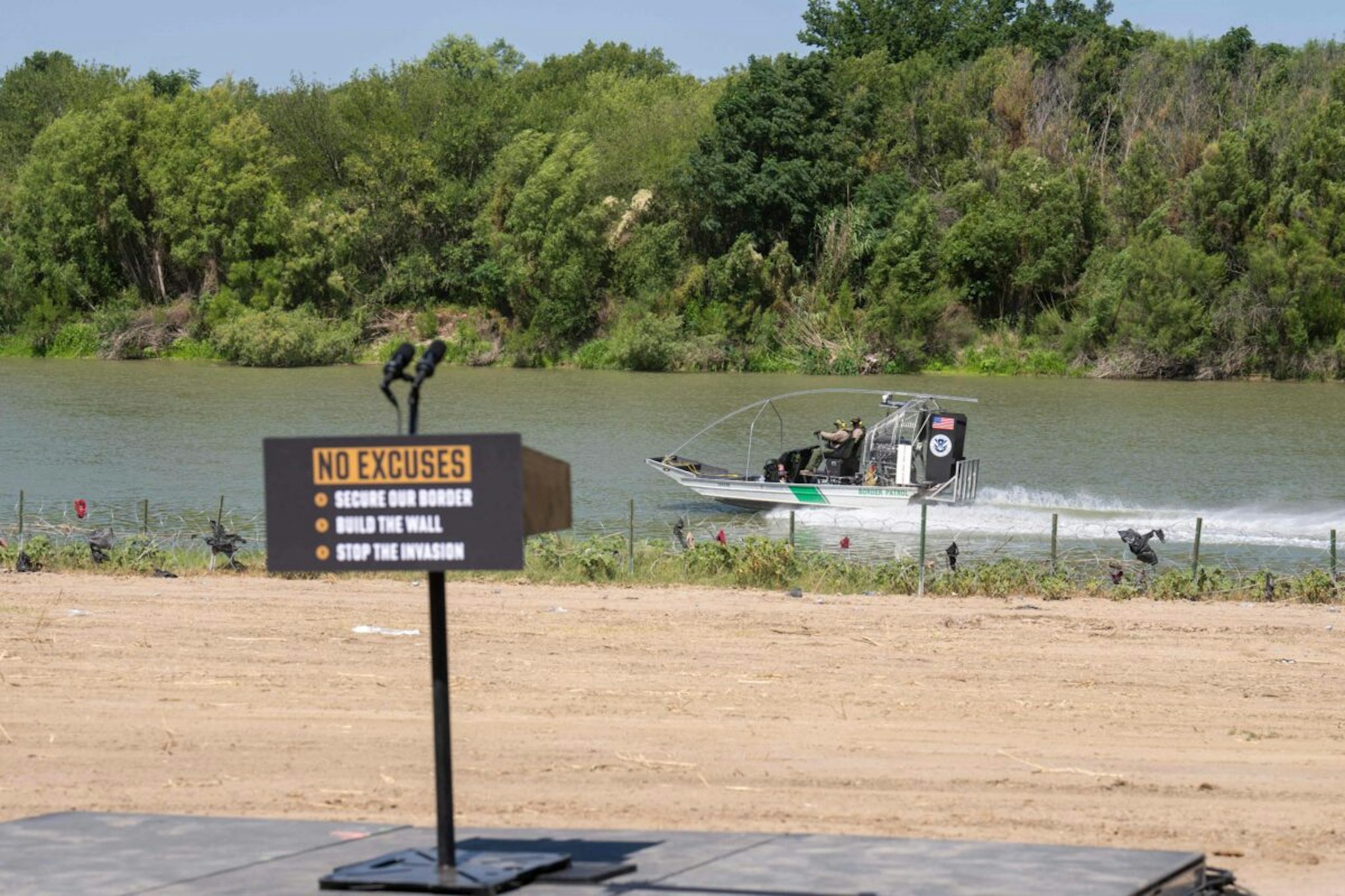 A US Border Patrol boat patrols the US southern border with Mexico on June 26, 2023 in Eagle Pass, Texas.