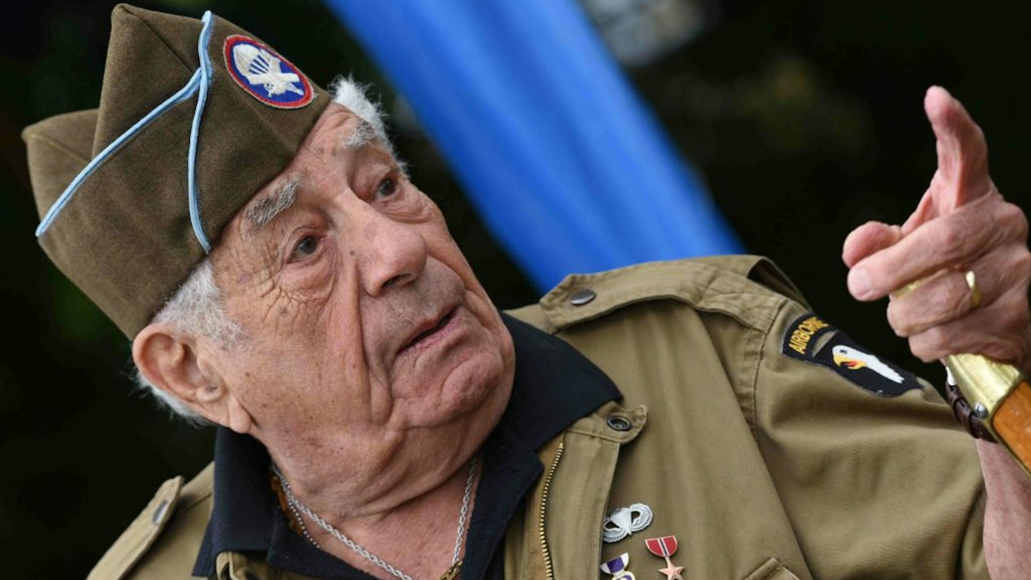 Celebrations for the 75th Anniversary of the Normandy Landings: American soldiers of the 101st Airborne Division parachuted into the Carentan Marsh on June 5, 2019, under the watchful eye of Tom Rice (97 years old) and a few other veterans, including here Vincent Speranza. (Photo by: Desfoux/Andia/Universal Images Group via Getty Images)