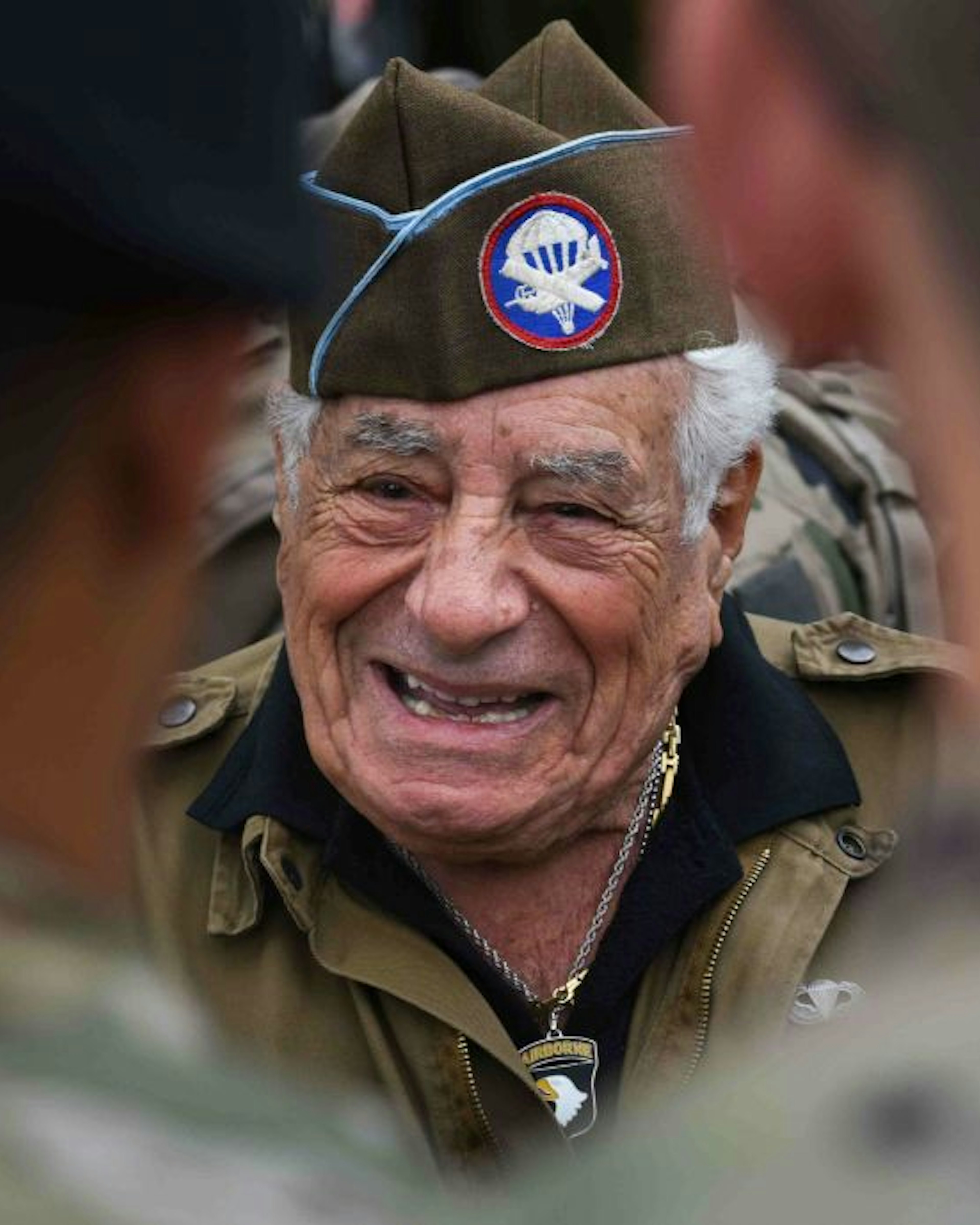 Celebrations for the 75th Anniversary of the Normandy Landings: American soldiers of the 101st Airborne Division parachuted into the Carentan Marsh on June 5, 2019, under the watchful eye of Tom Rice (97 years old) and a few other veterans, including here Vincent Speranza. (Photo by: Desfoux/Andia/Universal Images Group via Getty Images)
