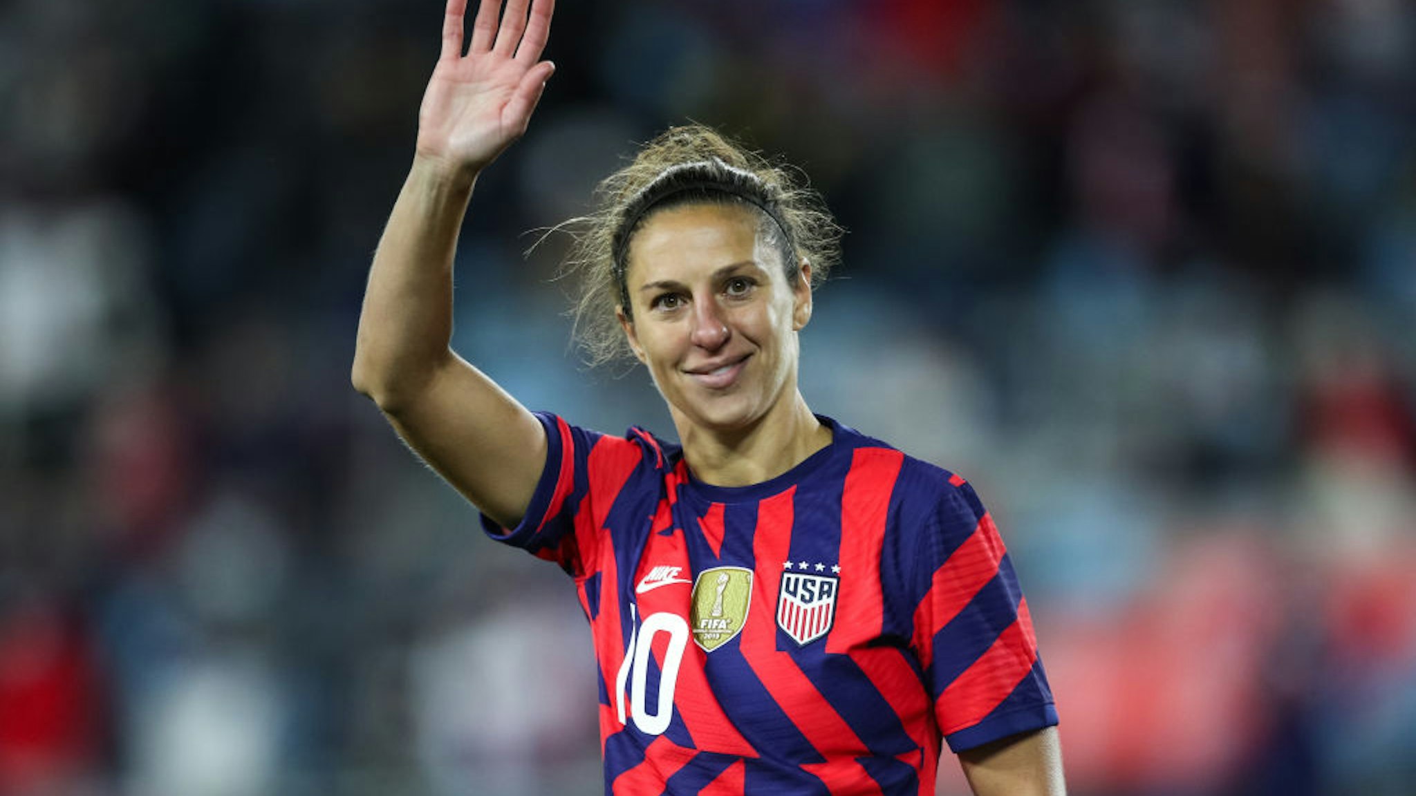 Carli Lloyd #10 of United States waves to fans after her final game as a member of the US Women's National Team at Allianz Field on October 26, 2021 in St Paul, Minnesota.