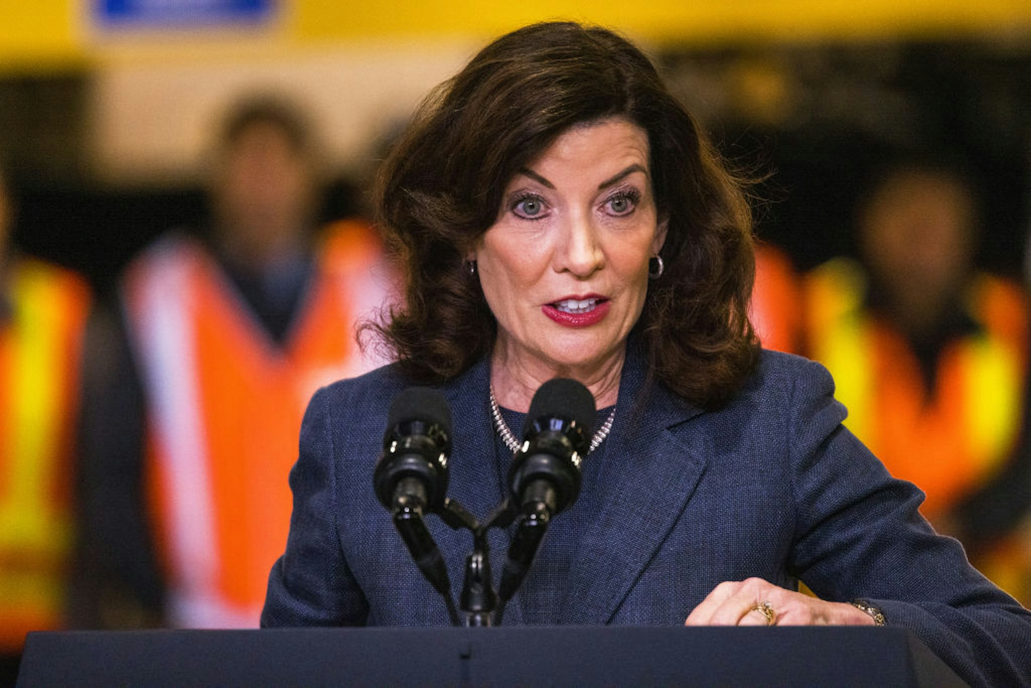 NEW YORK, NEW YORK - JANUARY 31: New York Gov. Kathy Hochul gives a speech on the Hudson River tunnel project at the West Side Yard on January 31, 2023 in New York City. President Biden traveled to New York to speak about how the passage of the bipartisan infrastructure law will help fund the Hudson River tunnel project and improve reliability for the 200,000 passenger trips per weekday on Amtrak and NJ Transit. (Photo by Michael M. Santiago/Getty Images)