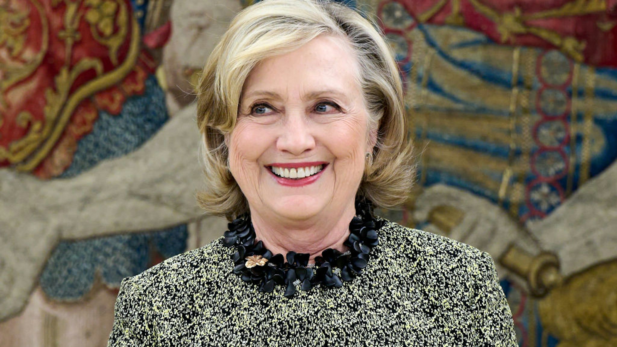 MADRID, SPAIN - MAY 31: Former US Secretary of State Hillary Clinton waits for Kinf Felipe VI of Spain at the Zarzuela Palace on May 31, 2023 in Madrid, Spain. (Photo by Carlos Alvarez/Getty Images)