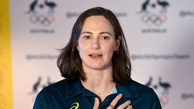 BRISBANE, AUSTRALIA - JUNE 20: Swimmer Cate Campbell speaks during a media opportunity during the Australian Paris 2024 Olympic Games Team Processing Session at Deloitte Offices Riverside Centre on June 20, 2023 in Brisbane, Australia. (Photo by Bradley Kanaris/Getty Images)