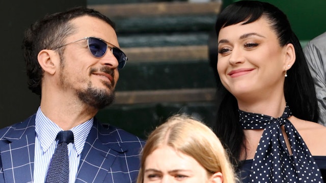 LONDON, ENGLAND - JULY 05: Orlando Bloom and Katy Perry attend day three of the Wimbledon Tennis Championships at All England Lawn Tennis and Croquet Club on July 05, 2023 in London, England. (Photo by Karwai Tang/WireImage)