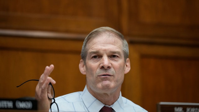 WASHINGTON, DC - JULY 19: Rep. Jim Jordan (R-OH) questions witnesses during a House Oversight Committee hearing related to the Justice Department's investigation of Hunter Biden, on Capitol Hill July 19, 2023 in Washington, DC. The committee heard testimony from two whistleblowers from the Internal Revenue Service who allege that the Hunter Biden criminal probe was mishandled by the Department of Justice.