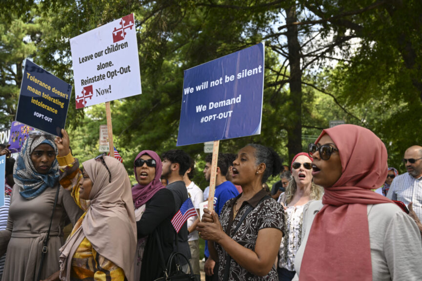 MARYLAND, UNITED STATES - JULY 20: A group of Montgomery County parents gather outside MCPS Board of Education to protest a policy that doesnât allow students to opt-out of lessons on gender and LGBTQ+ issues during the school board meeting in Maryland, United States on July 20, 2023.