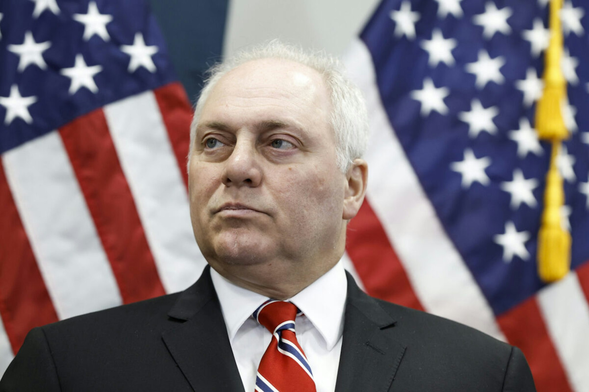 House Majority Leader Rep. Steve Scalise (R-LA) listens during a press conference following a House Republican Conference meeting at the U.S. Capitol Building on July 18, 2023 in Washington, DC.