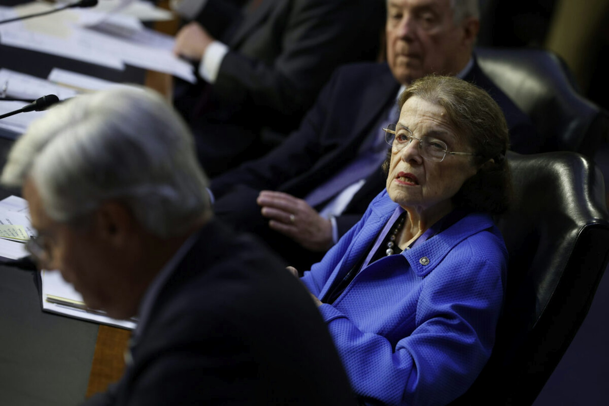 Senate Judiciary Committee member Sen. Dianne Feinstein (D-CA) (C) and Chairman Richard Durbin (D-IL) listen to debate during a committee business meeting about Supreme Court ethics reform in the Hart Senate Office Building on Capitol Hill on July 20, 2023 in Washington, DC.