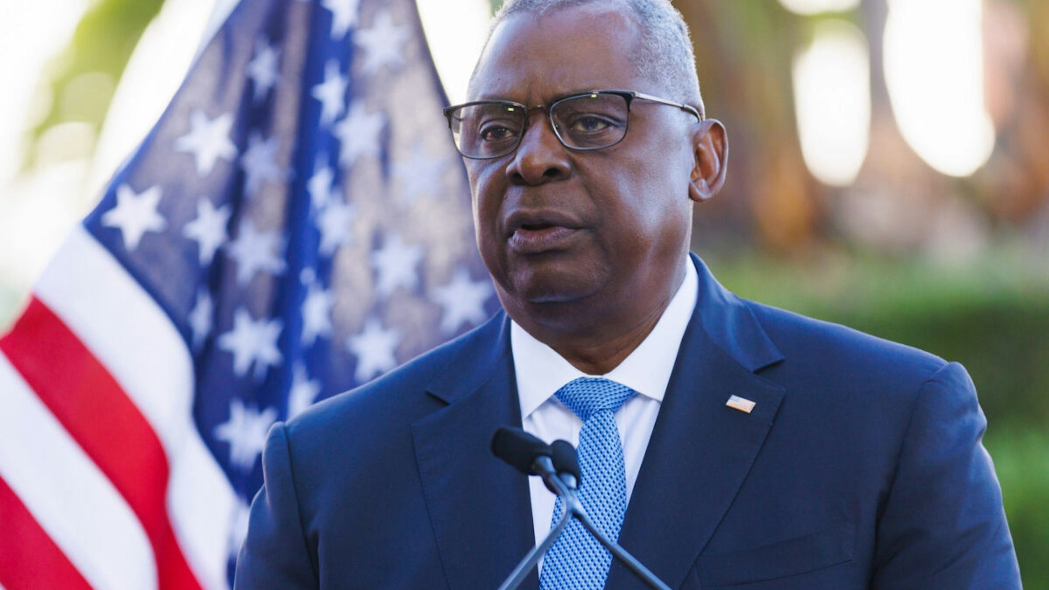 Lloyd Austin, US secretary of defense, speaks during a news conference at Queensland Government house at the Australia-US Ministerial Consultations (AUSMIN) in Brisbane, Australia, on Saturday, July 29, 2023.