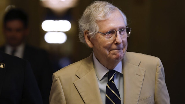 U.S. Senate Minority Leader Mitch McConnell (R-KY) walks to give remarks on the floor of the Senate Chambers at the U.S. Capitol Building on July 25, 2023 in Washington, DC.
