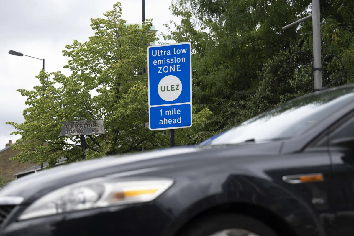 A sign indicating Ultra Low Emissions Zone (ULEZ) is seen on the street in London, United Kingdom on August 04, 2023.