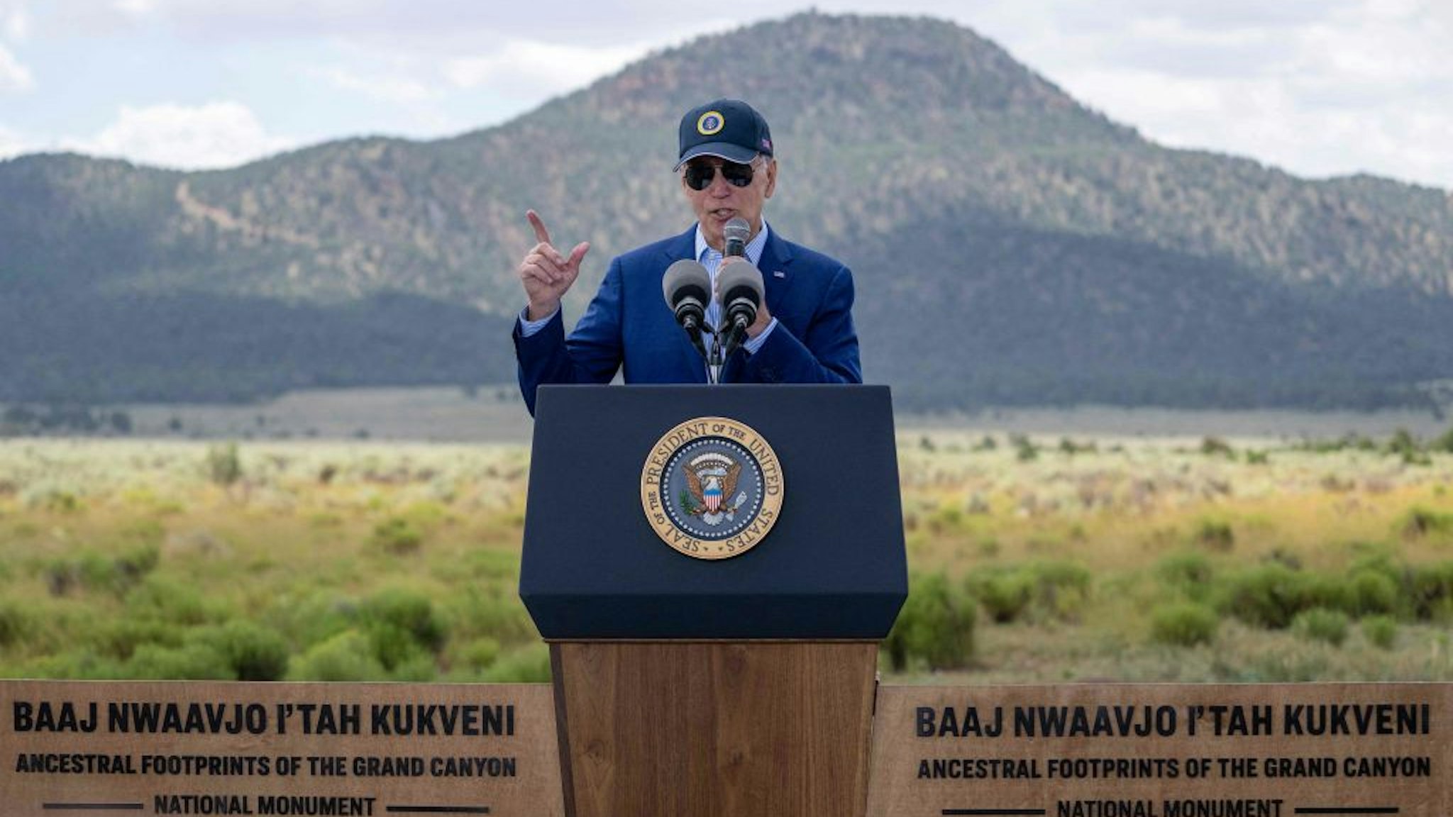 US President Joe Biden discusses investments in conservation and protecting natural resources, and how the Inflation Reduction Act is the largest investment in climate action, at Red Butte Airfield, 25 miles (40kms) south of Tusayan, Arizona, on August 8, 2023. Biden announced he is putting the brakes on uranium mining around the Grand Canyon. Biden will give an area of nearly one million acres (404,686 hectares) "national monument" status. (Photo by Jim WATSON / AFP) (Photo by JIM WATSON/AFP via Getty Images)