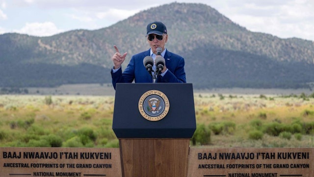 US President Joe Biden discusses investments in conservation and protecting natural resources, and how the Inflation Reduction Act is the largest investment in climate action, at Red Butte Airfield, 25 miles (40kms) south of Tusayan, Arizona, on August 8, 2023. Biden announced he is putting the brakes on uranium mining around the Grand Canyon. Biden will give an area of nearly one million acres (404,686 hectares) "national monument" status. (Photo by Jim WATSON / AFP) (Photo by JIM WATSON/AFP via Getty Images)