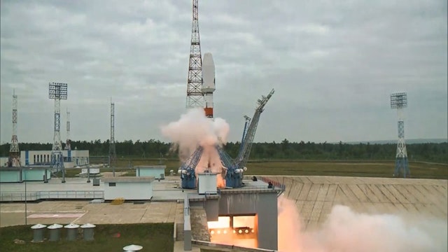 This video screenshot shows the Soyuz-2.1b rocket carrying the Luna-25 lunar station blasting off from the Vostochny Cosmodrome in the Amur Oblast of Russia's Far East on Aug. 11, 2023. Russia successfully launched the Luna-25 lunar station early Friday, embarking on a historic mission to explore the south pole of the Moon. Luna-25 is expected to become the first station in history to land on the south pole of the Moon, a region with complex terrain and potential resources.