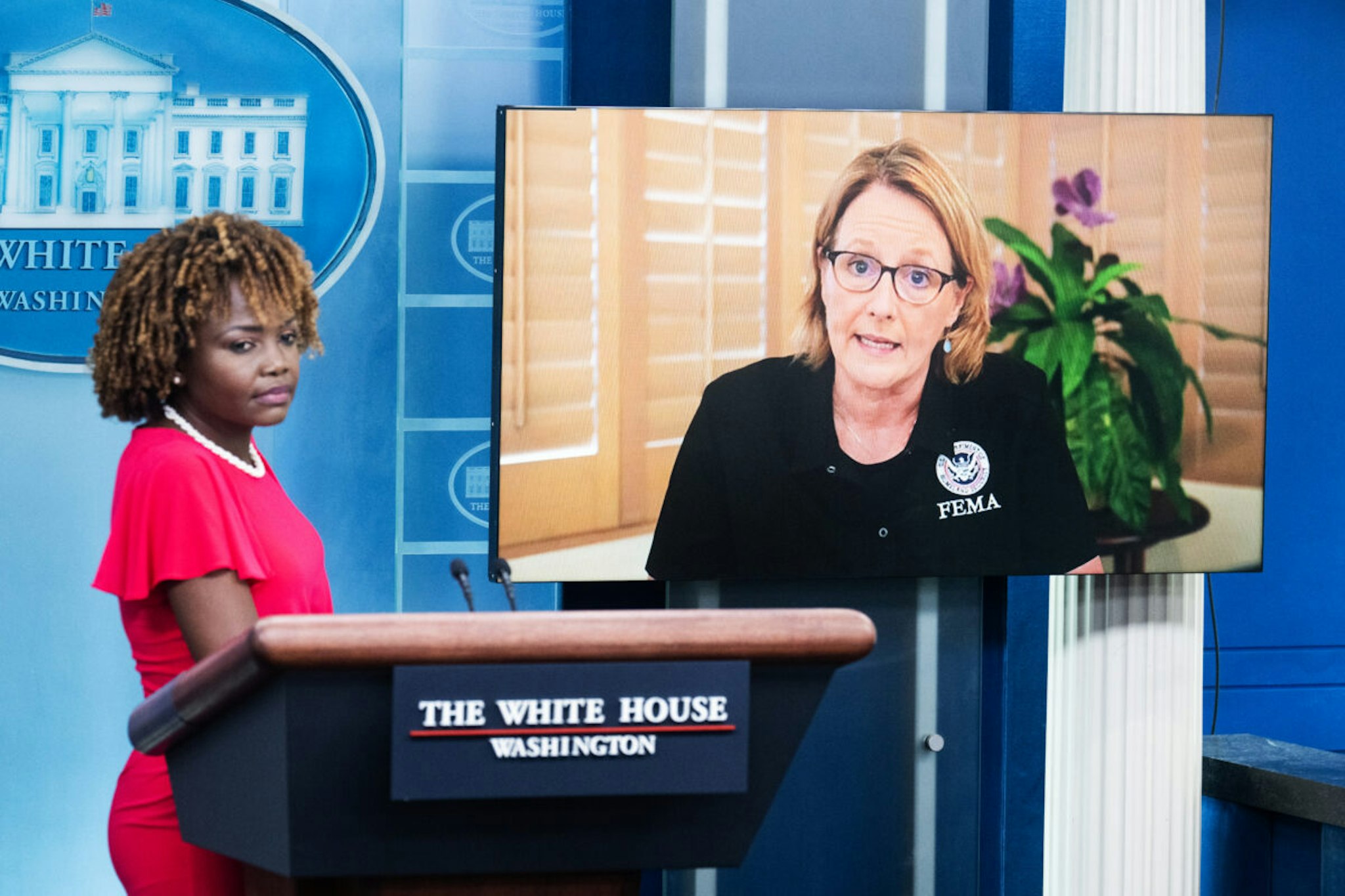 Karine Jean-Pierre, left, White House press secretary, and FEMA Administrator Deanne Criswell take questions on the Maui wildfires during the White House press briefing on Monday, August 14, 2023.