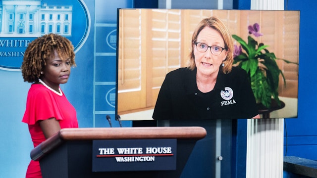 Karine Jean-Pierre, left, White House press secretary, and FEMA Administrator Deanne Criswell take questions on the Maui wildfires during the White House press briefing on Monday, August 14, 2023.