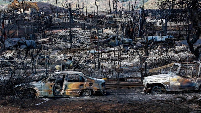 Lahaina, Maui, Monday, August 14, 2023 - A view of destruction from Hwy 30 days after a fierce wildfire destroyed the town.