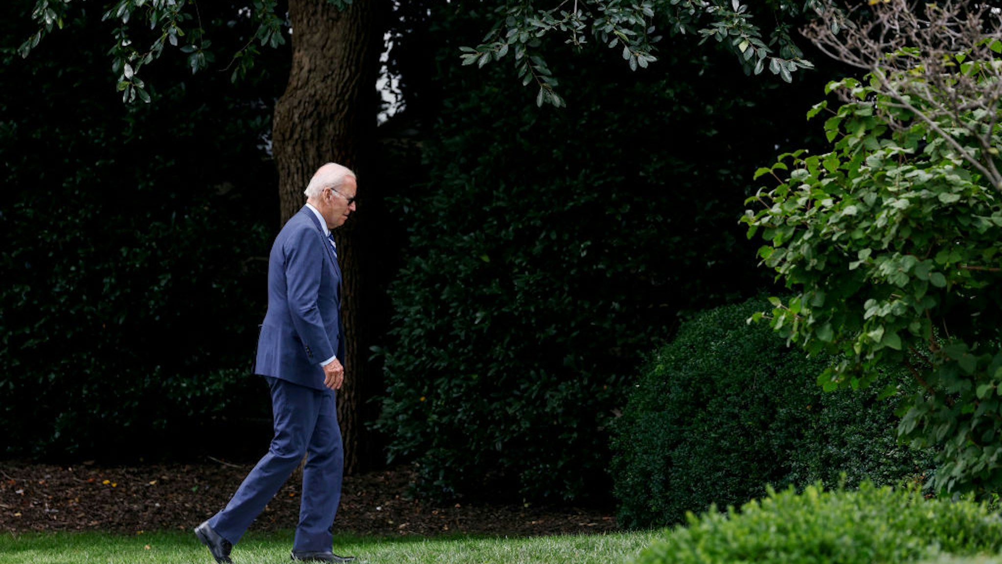 WASHINGTON, DC - AUGUST 14: U.S. President Joe Biden walks to the Oval Office after returning to the White House grounds on Marine One on August 14, 2023 in Washington, DC. Biden spent the weekend at his vacation home in Rehoboth Beach, Delaware. (Photo by Anna Moneymaker/Getty Images)