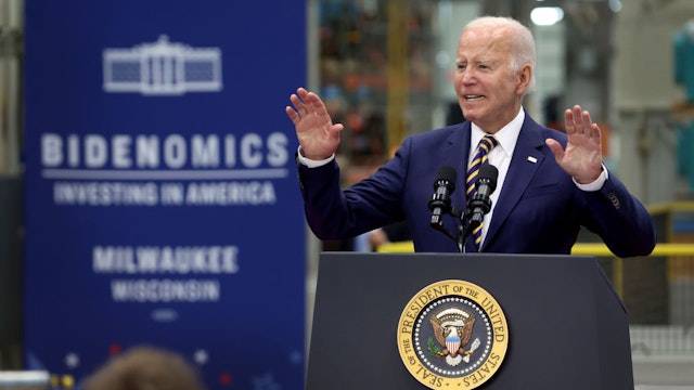 MILWAUKEE, WISCONSIN - AUGUST 15: U.S. President Joe Biden speaks to guests at Ingeteam Inc., an electrical equipment manufacturer, on August 15, 2023 in Milwaukee, Wisconsin. Biden used the opportunity to speak about his "Bidenomics" economic plan on the one-year anniversary of the Inflation Reduction Act of 2022.