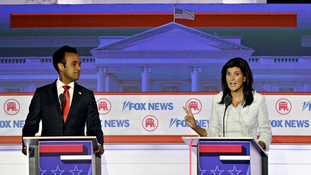 Nikki Haley, former ambassador to the United Nations and 2024 Republican presidential candidate, right, and Vivek Ramaswamy, chairman and co-founder of Strive Asset Management and 2024 Republican presidential candidate, during the Republican primary presidential debate hosted by Fox News in Milwaukee, Wisconsin, US, on Wednesday, Aug. 23, 2023. Republican presidential contenders are facing off in their first debate of the primary season, minus frontrunner Donald Trump, who continues to lead his GOP rivals by a double-digit margin. Photographer: Al Drago/Bloomberg via Getty Images