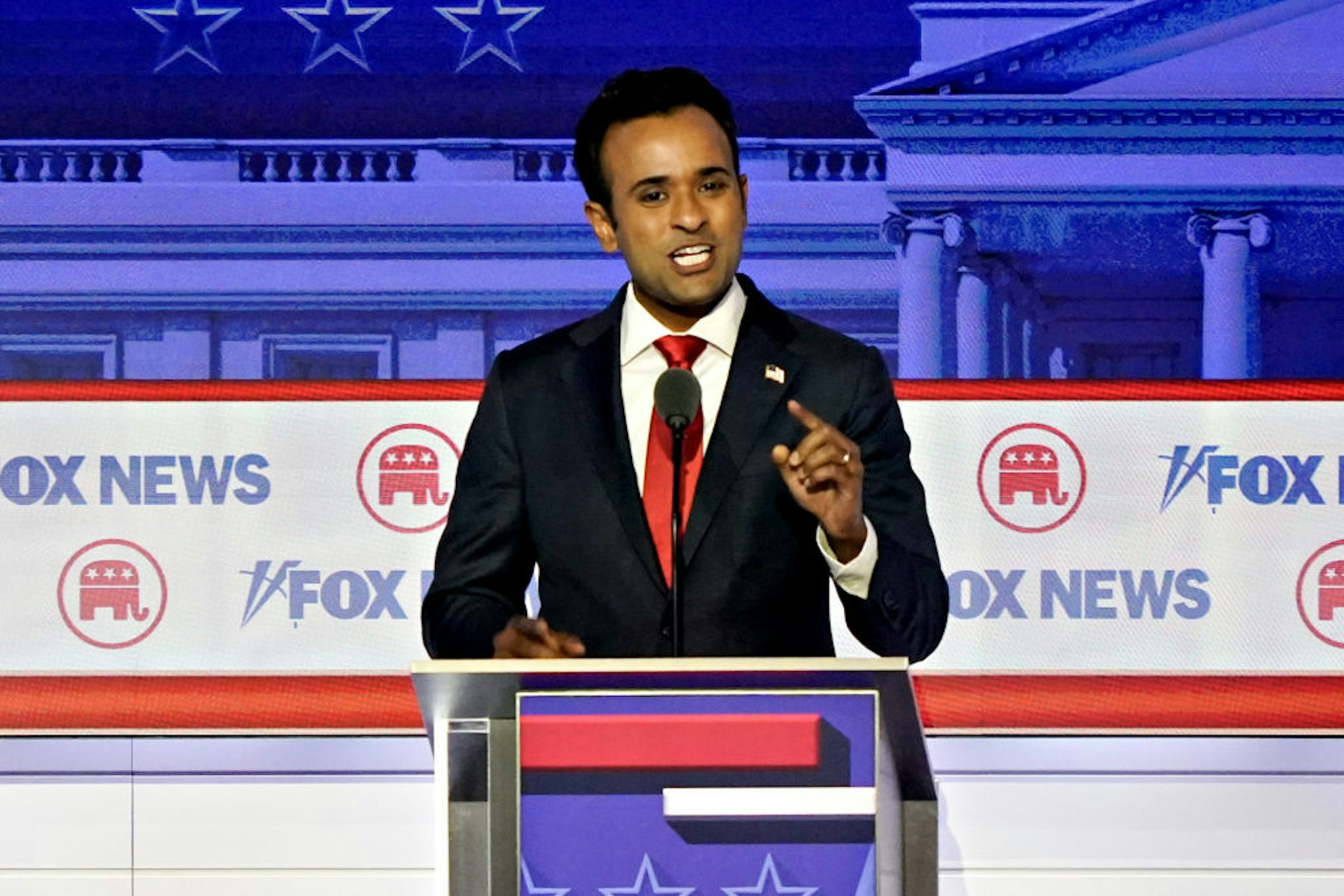 Vivek Ramaswamy, chairman and co-founder of Strive Asset Management and 2024 Republican presidential candidate, during the Republican primary presidential debate hosted by Fox News in Milwaukee, Wisconsin, US, on Wednesday, Aug. 23, 2023. Republican presidential contenders are facing off in their first debate of the primary season, minus frontrunner Donald Trump, who continues to lead his GOP rivals by a double-digit margin.