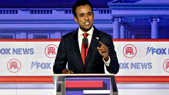 Vivek Ramaswamy, chairman and co-founder of Strive Asset Management and 2024 Republican presidential candidate, during the Republican primary presidential debate hosted by Fox News in Milwaukee, Wisconsin, US, on Wednesday, Aug. 23, 2023. Republican presidential contenders are facing off in their first debate of the primary season, minus frontrunner Donald Trump, who continues to lead his GOP rivals by a double-digit margin.