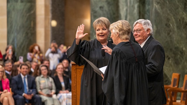 MADISON, WISCONSIN - August 1: Janet Protasiewicz, 60, is sworn in for her position as a State Supreme Court Justice at the Wisconsin Capitol rotunda in Madison, Wis. on August 1, 2023.