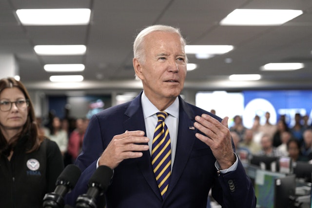 US President Joe Biden speaks while visiting the Federal Emergency Management Agency (FEMA) headquarters with in Washington, DC, US, on Thursday, Aug. 31, 2023.