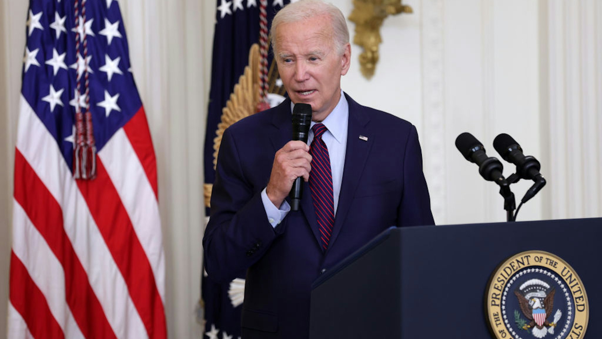 WASHINGTON, DC - AUGUST 28: U.S. President Joe Biden delivers remarks at an East Room reception at the White House on August 28, 2023 in Washington, DC. President Biden hosted a reception to commemorate the 60th Anniversary of the founding of the Lawyers’ Committee for Civil Rights Under Law. (Photo by Alex Wong/Getty Images)