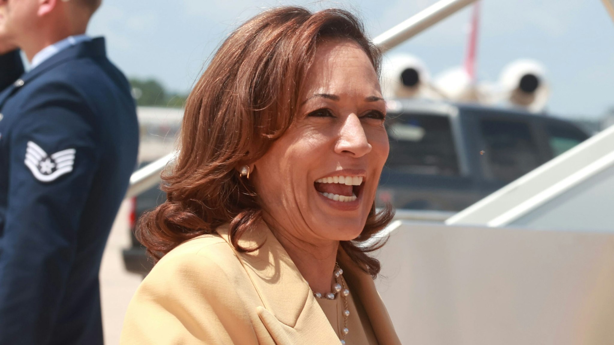 Vice President Kamala Harris prepares to board Air Force Two at Orlando International Airport after delivering remarks at the 20th Quadrennial Convention of the Women&apos;s Missionary Society of the African Methodist Episcopal (AME) Church, Tuesday, Aug. 1, 2023. The gathering at the Orange County Convention Center in Orlando is hosting 3,000 delegates from 39 countries.