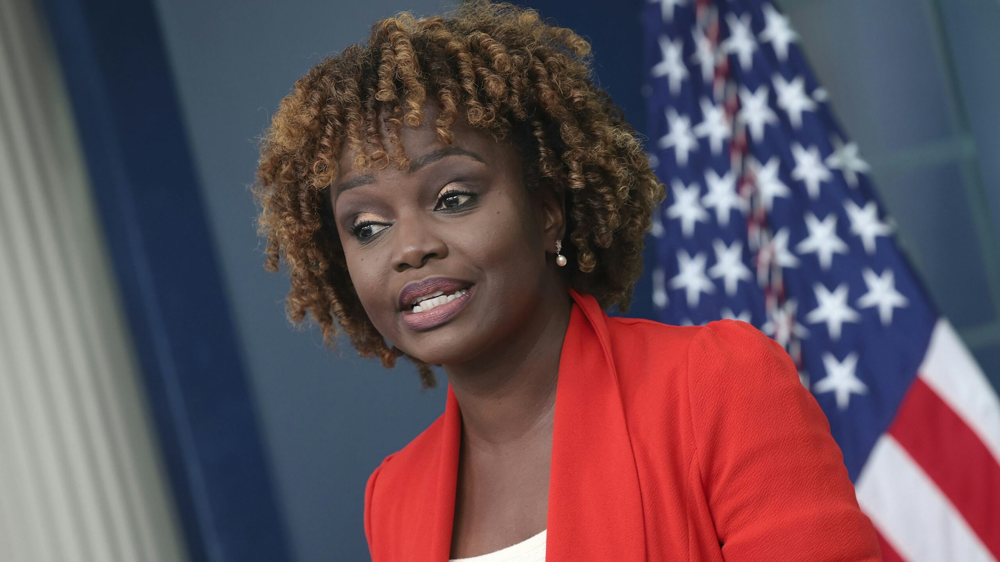WASHINGTON, DC - AUGUST 29: White House press secretary Karine Jean-Pierre speaks during the daily press briefing at the White House on August 29, 2023 in Washington, DC. Jean-Pierre and Domestic Policy Advisor Neera Tanden answered questions on a recently announced list of the first ten medicines that will see a decrease in price following negotiations with Medicare.
