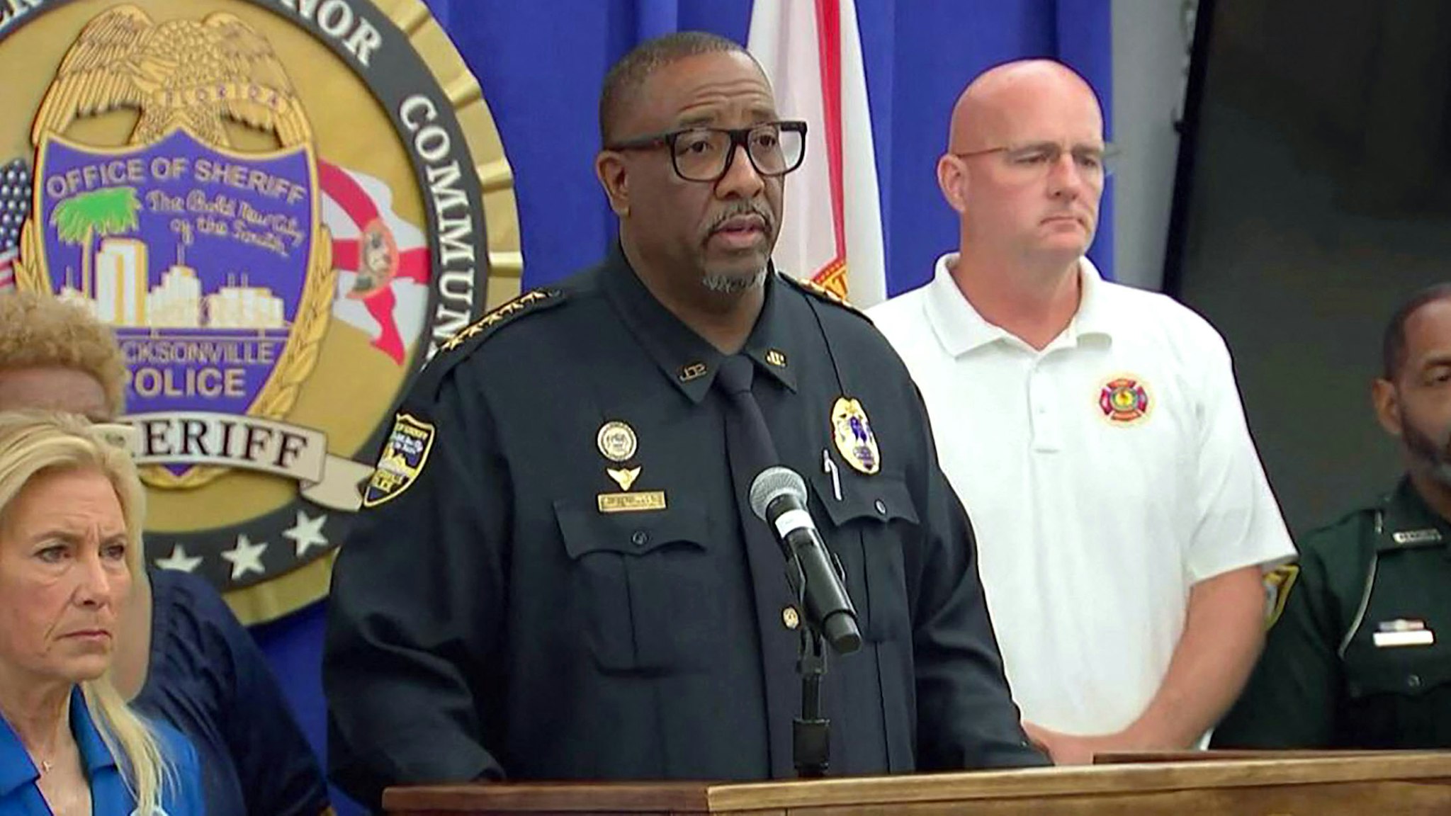 This video grab shows Jacksonville Sheriff TK Waters speaking during a news conference about the gunman in Jacksonville, Florida, August 26, 2023. A white man driven by racial hatred shot dead three Black people in a Florida discount store August 26 before taking his own life after a standoff with police, authorities said. "He targeted a certain group of people and that's Black people. That's what he said he wanted to kill. And that's very clear," Jacksonville Sheriff TK Waters told a news conference about the gunman, who was in his early 20s.