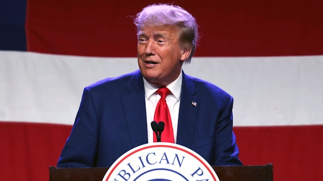 Former President Donald Trump speaks at the Republican Party Of Iowa's annual Lincoln Dinner in Des Moines, Iowa, US, on Friday, July 28, 2023. The dinner, a showcase event for Iowa Republicans, is a staple gathering for Republican presidential candidates with all eyes on Donald Trump and Ron DeSantis who are well ahead of the pack in polls but arrive facing unique challenges.
