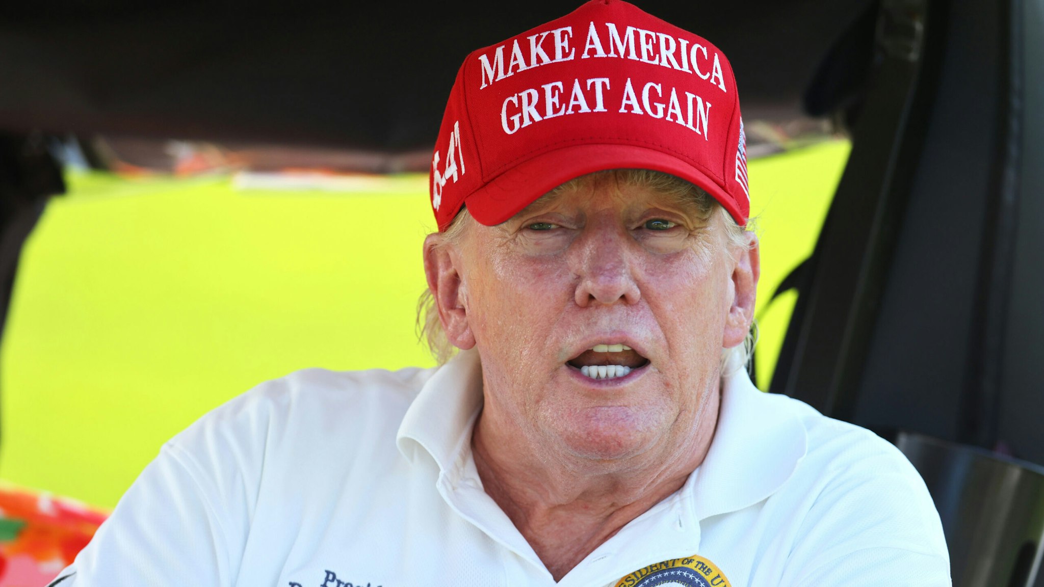 BEDMINSTER, NEW JERSEY - AUGUST 11: Former President Donald Trump is seen on the on the 15th hole during day one of the LIV Golf Invitational - Bedminster at Trump National Golf Club on August 11, 2023 in Bedminster, New Jersey.